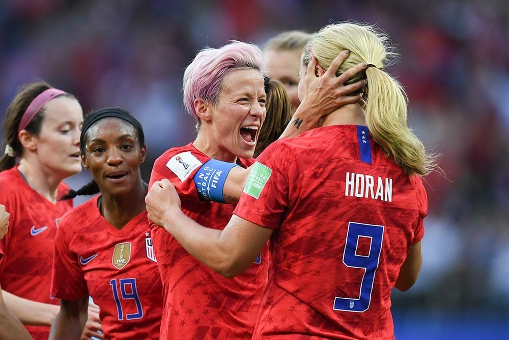 REIMS, FRANCE-JUNE 11:Megan Rapinoe of USA celebrates after scoring during the 2019 FIFA Women's World Cup France group F match between USA and Thailand at Stade Auguste Delaune